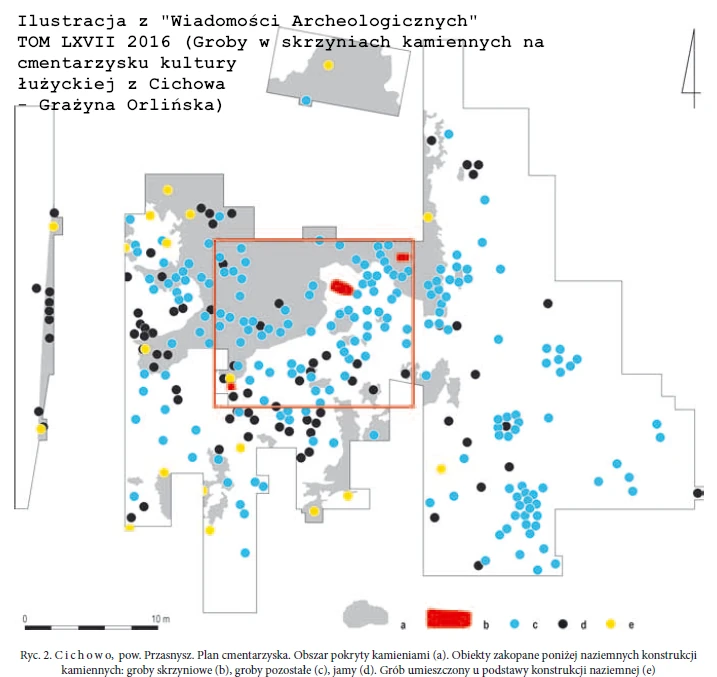 Plan wykopalisk cmentarzyska kultury łużyckiej w Cichowie