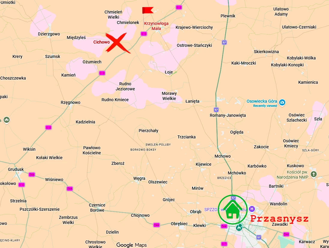 Mapa ziemi przasnyskiej z położeniem Cichowa i Krzynowłogi Małej