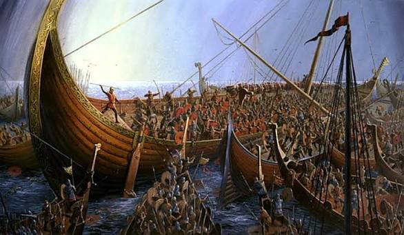 Malarstwo przedstawiające flotę wikińskich drakkarów na morzu