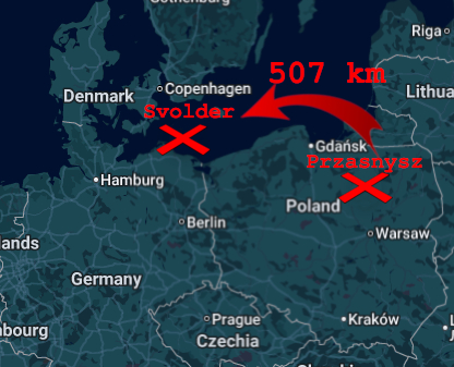 Mapa z trasą od Przasnysza do miejsca bitwy pod Svolder, około pięciuset kilometrów