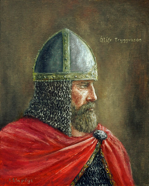 Malowany portret Olafa Tryggvasona z profilu, w hełmie i czerwonej pelerynie