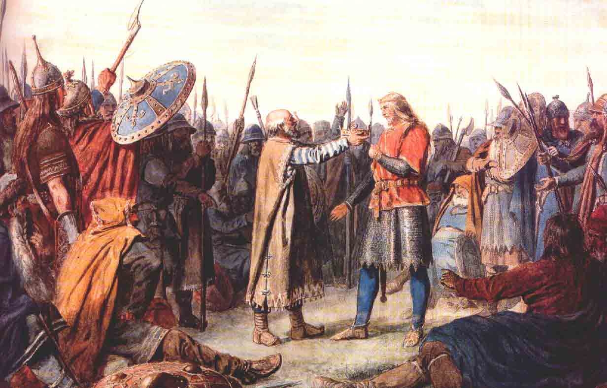 Historyczne malarstwo przedstawiające scenę z epoki wikingów